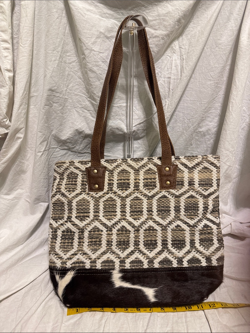 Myra Bag Brown, Cream & Black Geometric Tote with Haircalf Accent